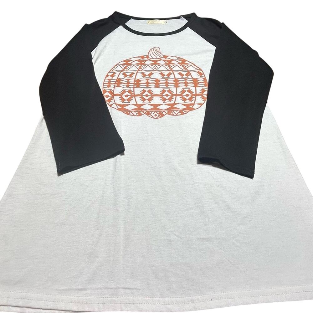 Nendu womens sz xl Autumn themed raglan baseball tshirt w/pumpkin graphic